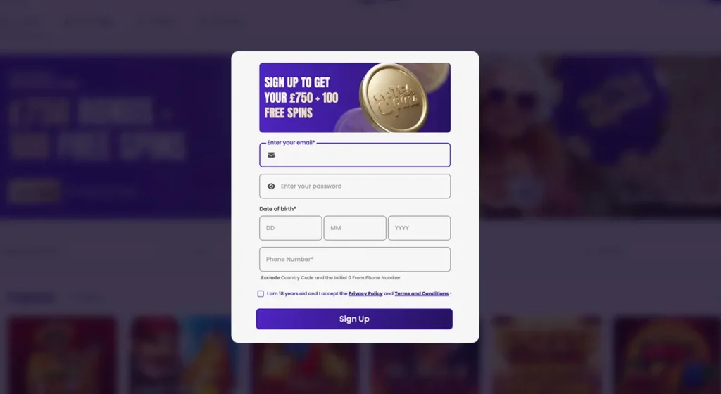 Registration page at Tea Spins