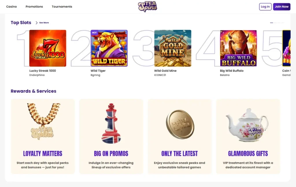 TeaSpins Casino Welcome Page