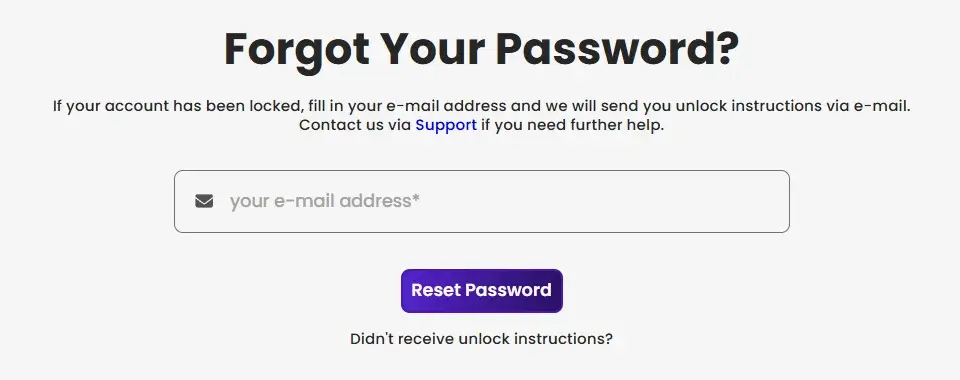 TeaSpins Login Recovery Form
